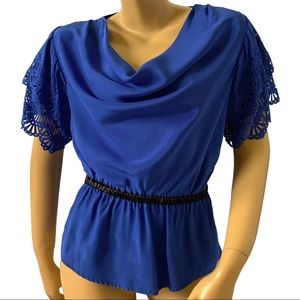 Cynthia Steffe Cobalt Blue Silk Peplum Short Sleeve Cowl Neck Top Blouse Size 2
